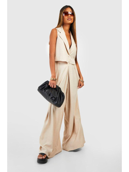 Широкі приталені брюки зі складкою спереду на льон