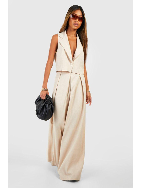 Широкі приталені брюки зі складкою спереду на льон