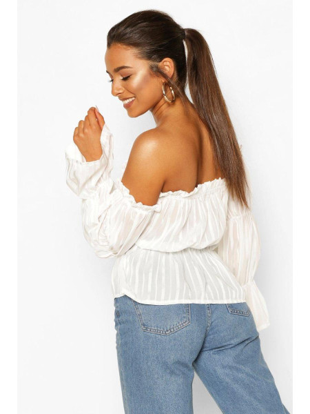 Білий топ у тонку атласну смужку з об’ємними рукавами і бардо