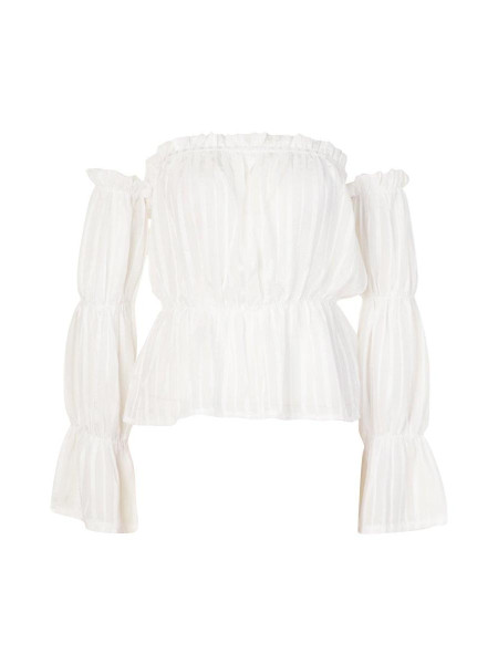 Білий топ у тонку атласну смужку з об’ємними рукавами і бардо